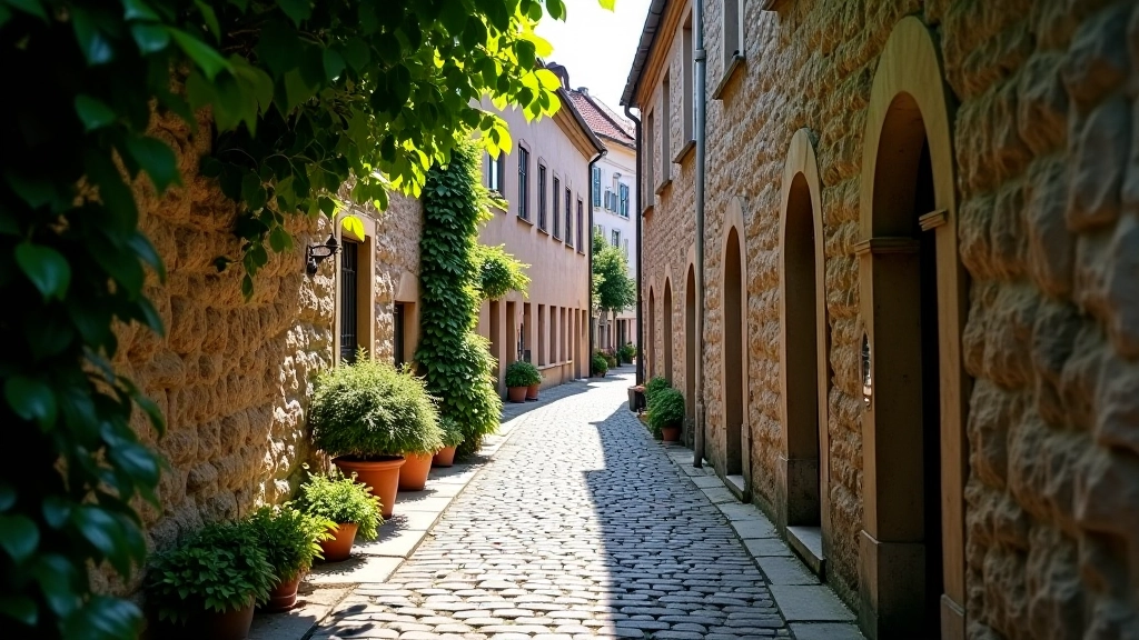 Strade in pietra e angoli ombreggiati nelle vie strette del centro storico, tranquille e serene